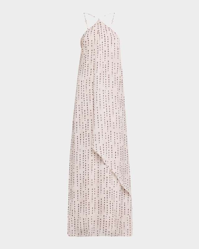 Draped Dot-Print Halter Maxi Dress